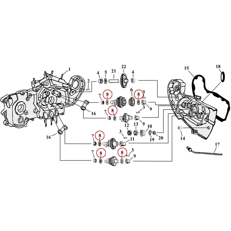 Schemat części napędu krzywki / pokrywy Widok rozłożony dla 54-90 Harley Sportster