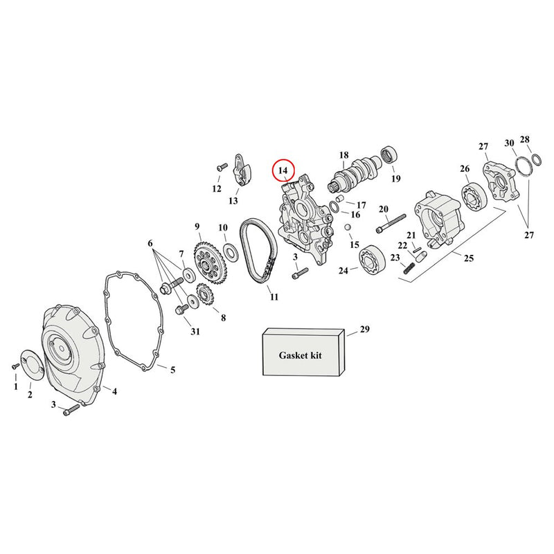 Cam Drive / Cover Parts Diagram Exploded View for Harley Milwaukee Eight 14) 17-23 M8. S&S High performance Support plate, camshaft. Replaces OEM: 25400133