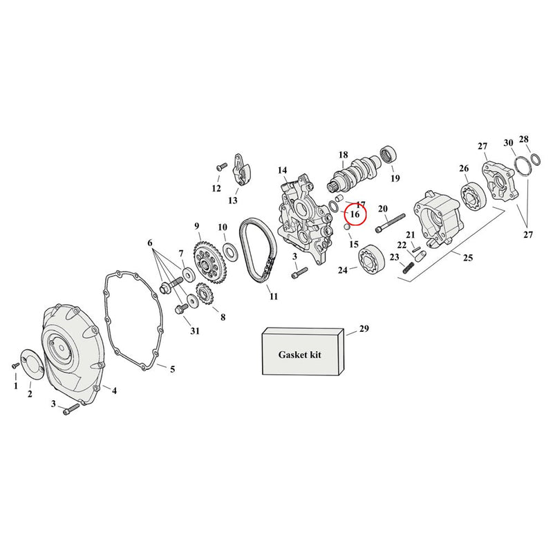 Cam Drive / Cover Parts Diagram Exploded View for Harley Milwaukee Eight 16) 17-23 M8. James O-ring, oil pump front. Replaces OEM: 11900103