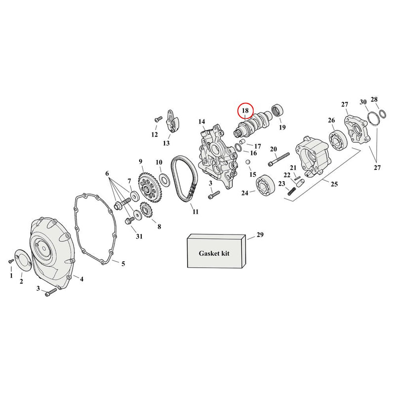 Cam Drive / Cover Parts Diagram Exploded View for Harley Milwaukee Eight 18) 17-23 M8. Camshaft.