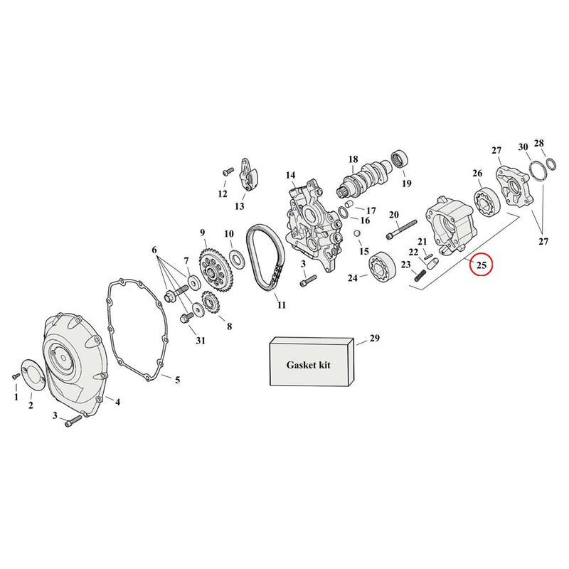 Cam Drive / Cover Parts Diagram Exploded View for Harley Milwaukee Eight 25) 17-23 Twin cooled M8. S&S High Performance oil pump assembly. Replaces OEM: 62400182, 62400248