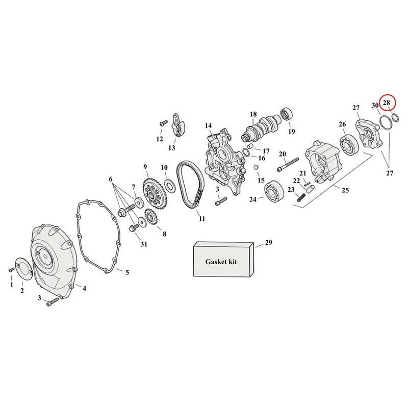 Cam Drive / Cover Parts Diagram Exploded View for Harley Milwaukee Eight 28) 17-23 M8. James o-ring, oil filter housing to crankcase. Replaces OEM: 11293