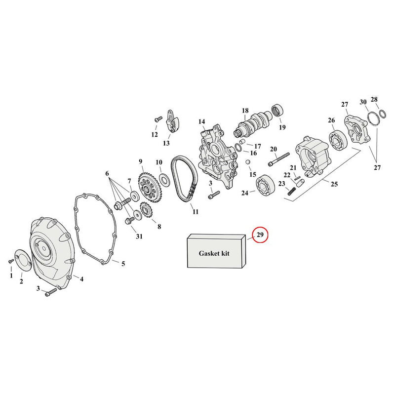 Cam Drive / Cover Parts Diagram Exploded View for Harley Milwaukee Eight 29) 17-23 M8. James cam gear change gasket kit. Replaces OEM: 25700731