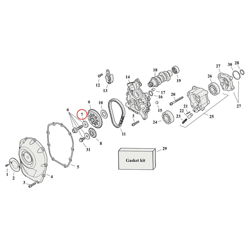 Cam Drive / Cover Parts Diagram Exploded View for Harley Milwaukee Eight 7) 17-23 M8. Washer, camshaft drive sprocket. Replaces OEM: 6294