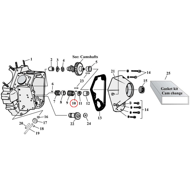 Cam Drive / Cover Parts Diagram Exploded View for Harley Shovelhead & Evolution Big Twin 10) 70-89 Big Twin. Woodruff key. Replaces OEM: 23985-54