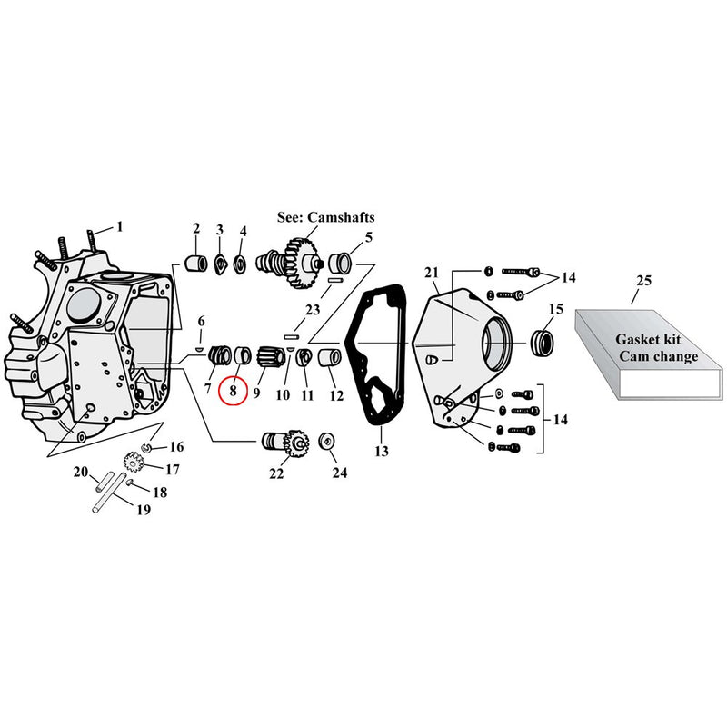 Cam Drive / Cover Parts Diagram Exploded View for Harley Shovelhead & Evolution Big Twin 8) 54-89 Big Twin. S&S spacer, pinion gear. Replaces OEM: 24703-54B