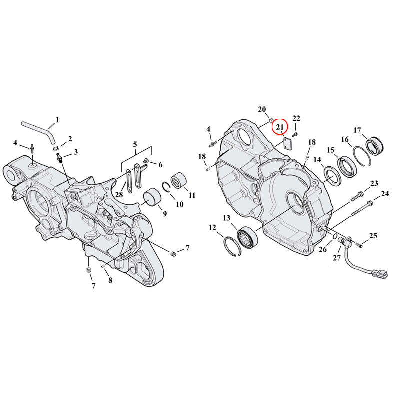 Crankcase Parts Diagram Exploded View for 04-22 Harley Sportster 21) 91-22 XL & XR1200. Cover, stator wires.