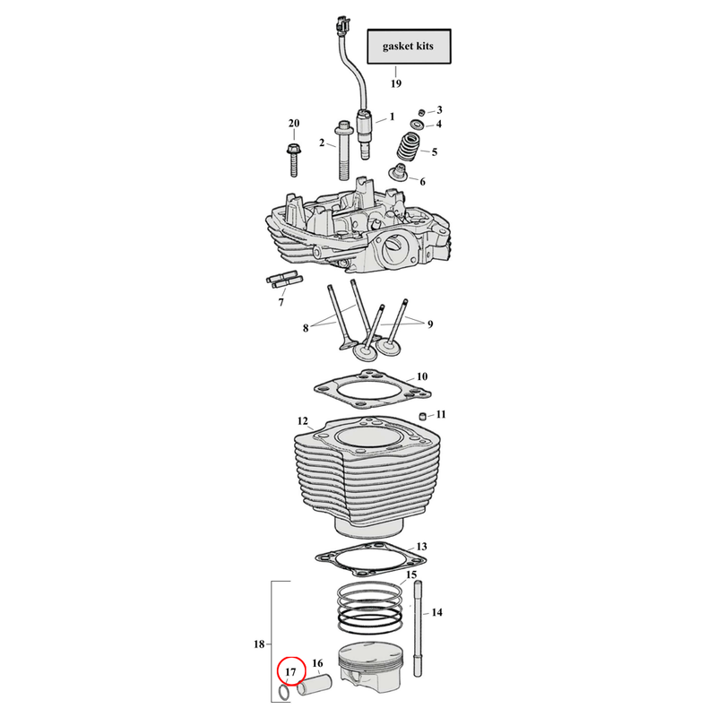 Cylinder Parts Diagram Exploded View for Harley Milwaukee Eight 17) 17-23 M8. Retaining ring, wristpin. Replaces OEM: 22097-99