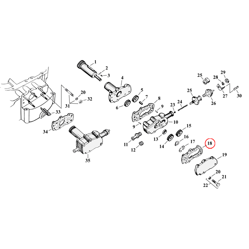 Oil Pump Parts Diagram Exploded View for 54-76 Harley Sportster 18) 52-E62 K, KH, XL; 72-76 XL. James gasket, oil pump body to outer cover. Replaces OEM: 26258-52