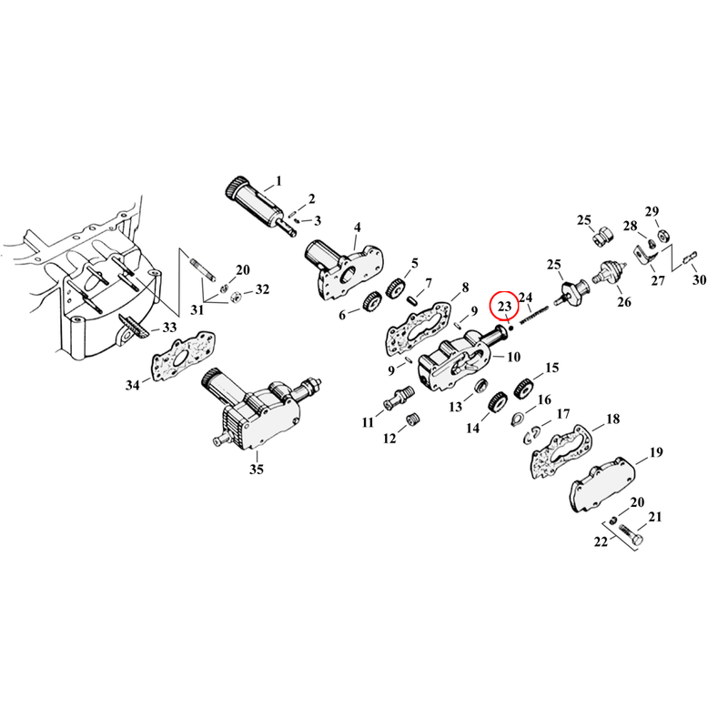 Oil Pump Parts Diagram Exploded View for 54-76 Harley Sportster 23) 52-76 K, XL. James 3/8" check balls. Replaces OEM: 8866 & 8873