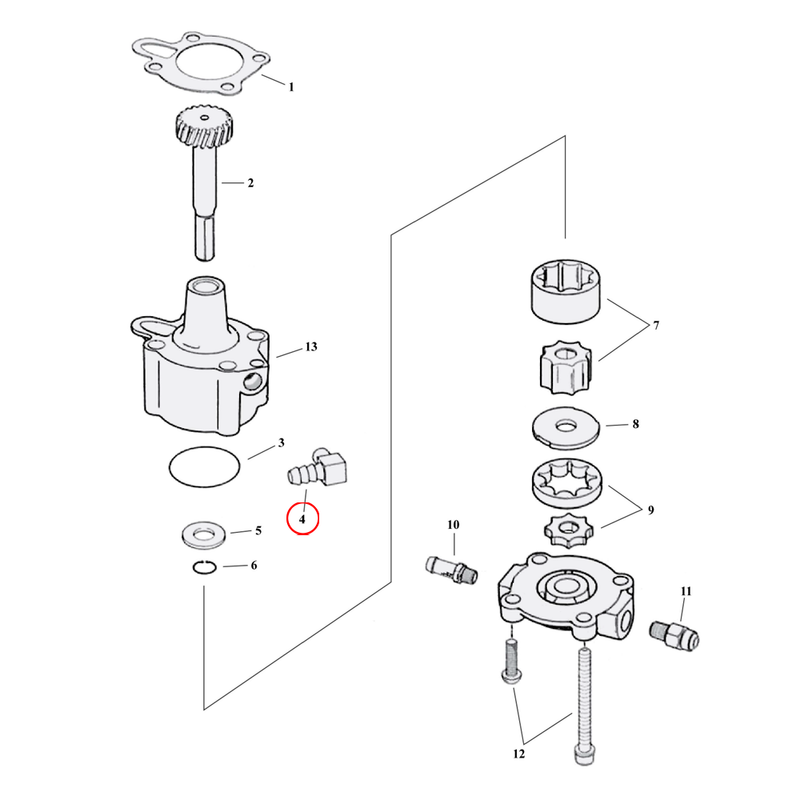 Oil Pump Parts Diagram Exploded View for 91-22 Harley Sportster 4) 77-22 XL. Oil line fitting 90°. Replaces OEM: 26496-75A