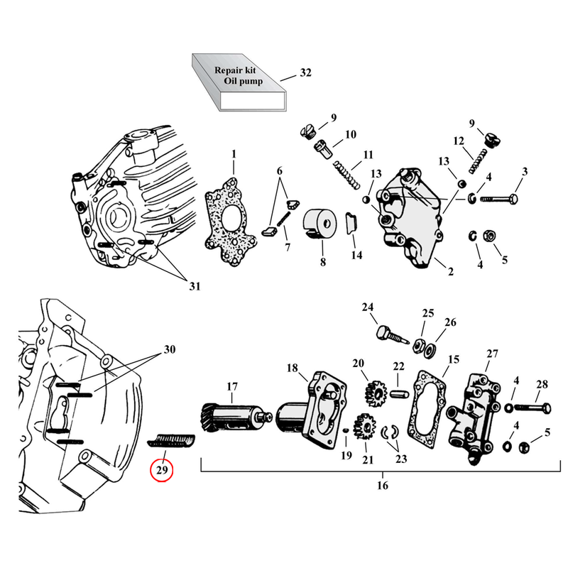 Oil Pump Parts Diagram Exploded View for Harley 45" Flathead 29) 39-73 45" SV. Screen, scavenger pump. Replaces OEM: 26343-39