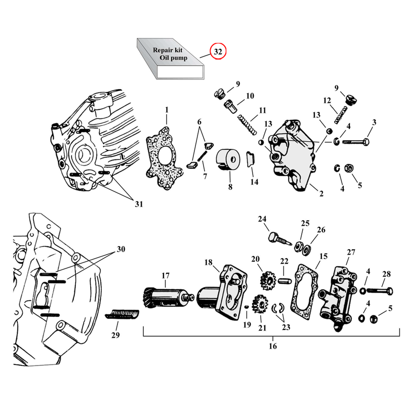 Oil Pump Parts Diagram Exploded View for Harley 45" Flathead 32) 29-73 45" SV. James, oil pump gasket & seal kit.