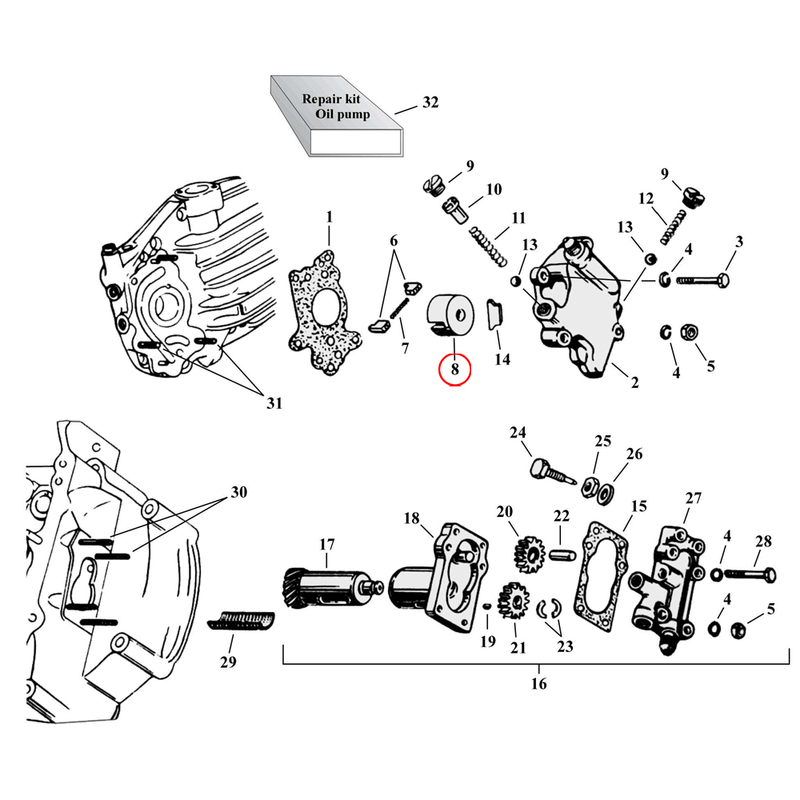 Oil Pump Parts Diagram Exploded View for Harley 45" Flathead 8) 52-73 G/GE 37-40 WL, UL models. Holder, feed pump vane. Flatpump. Replaces OEM: 26267-37