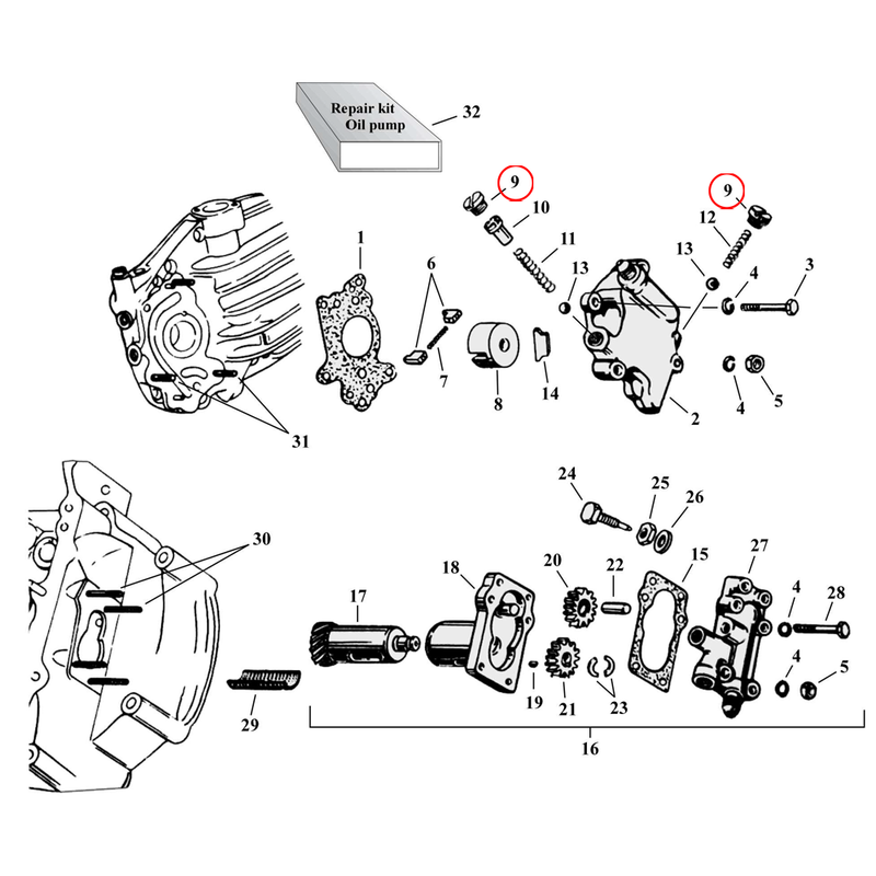 Oil Pump Parts Diagram Exploded View for Harley 45" Flathead 9) 37-73 45" SV. Plug, oil pump (2 used). Replaces OEM: 26362-36