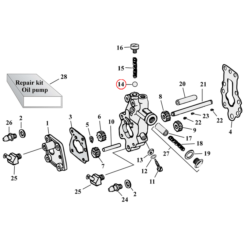 Oil Pump Parts Diagram Exploded View for Harley Knuckle / Pan / Shovel 14) 37-99 Big Twin. James 3/8" check ball. Replaces OEM: 8866 & 8873