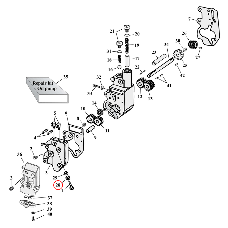 Oil Pump Parts Diagram Exploded View for Harley Shovelhead & Evolution Big Twin 28) 41-64 & 68-69 Big Twin. Hex nut (set of 25). Replaces OEM: 7638