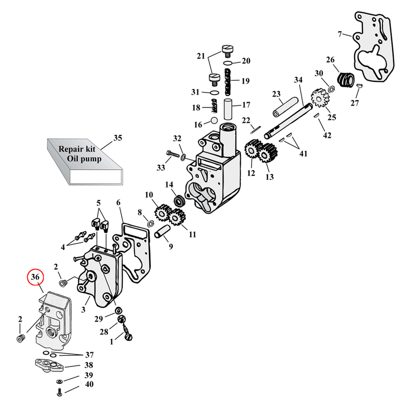 Oil Pump Parts Diagram Exploded View for Harley Shovelhead & Evolution Big Twin 36) 92-99 Big Twin. Cover, oil pump. Replaces OEM: 26270-92 & 26267-92