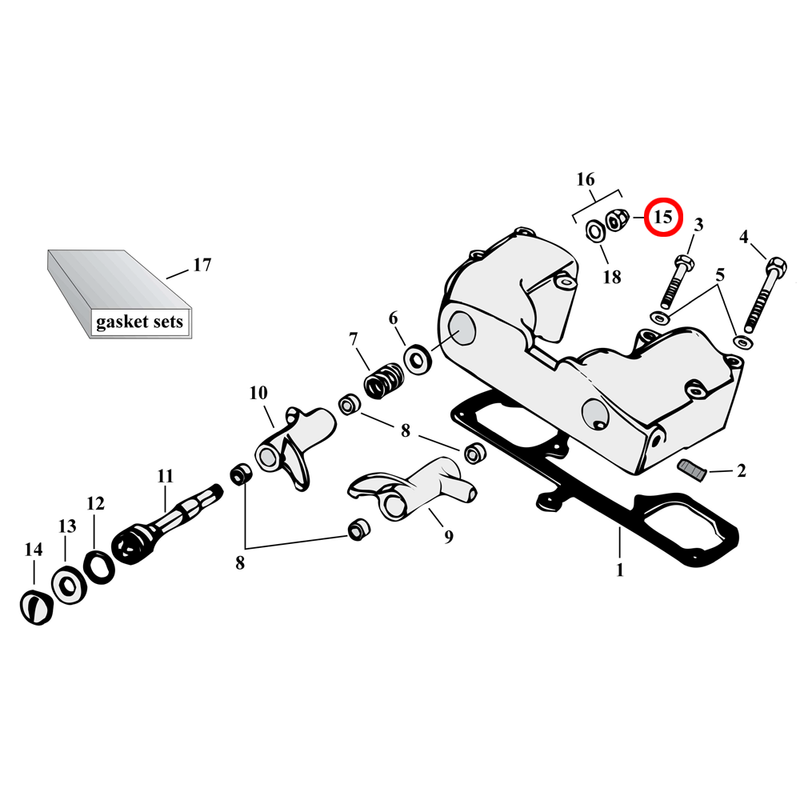 Rocker Box Parts Diagram Exploded View for 57-85 Harley Sportster 15) 79-85 XL. Acorn nut, 7/16-20 (set of 5). Replaces OEM: 7875