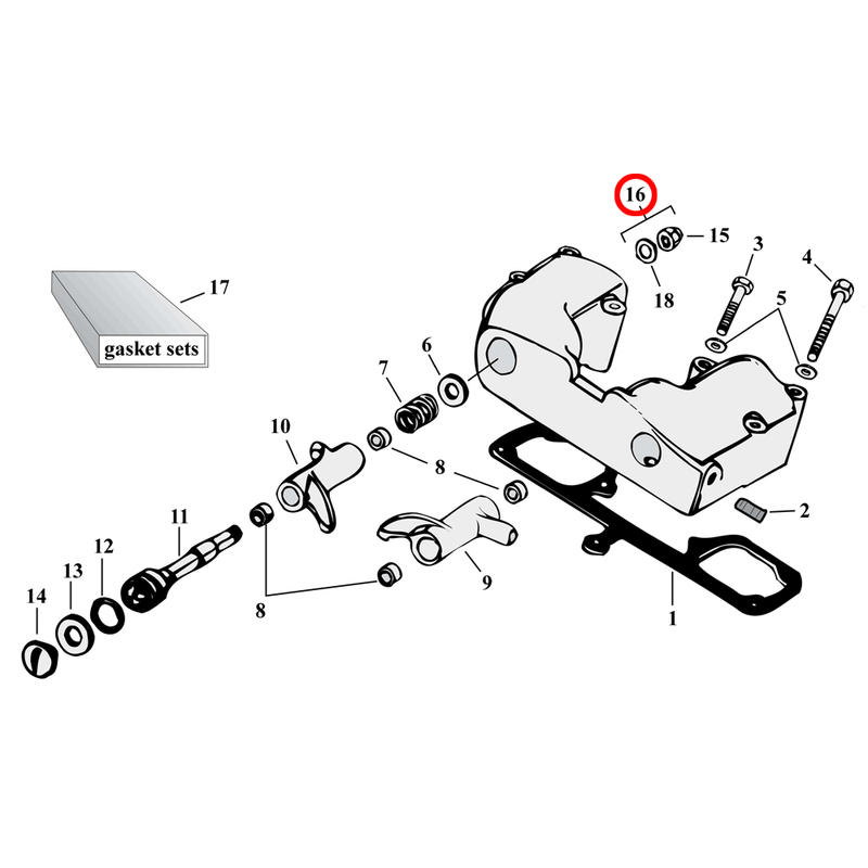 Rocker Box Parts Diagram Exploded View for 57-85 Harley Sportster 16) 57-85 XL. Rocker shaft nut kit, cap style.