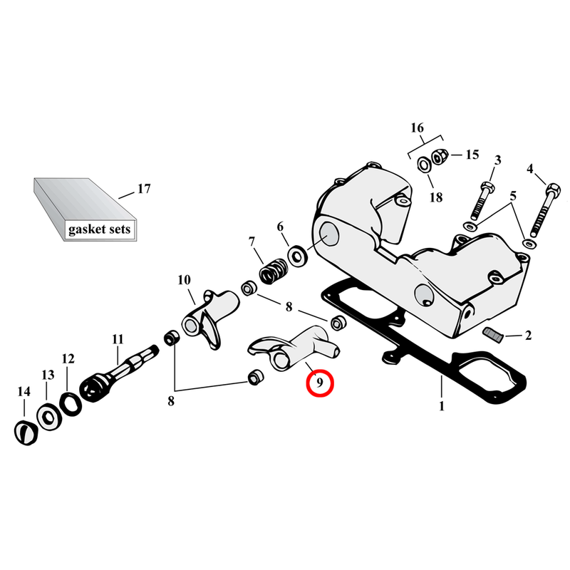 Rocker Box Parts Diagram Exploded View for 57-85 Harley Sportster 9) 57-85 XL. Rockerarm, front exhaust. Replaces OEM: 17394-57A