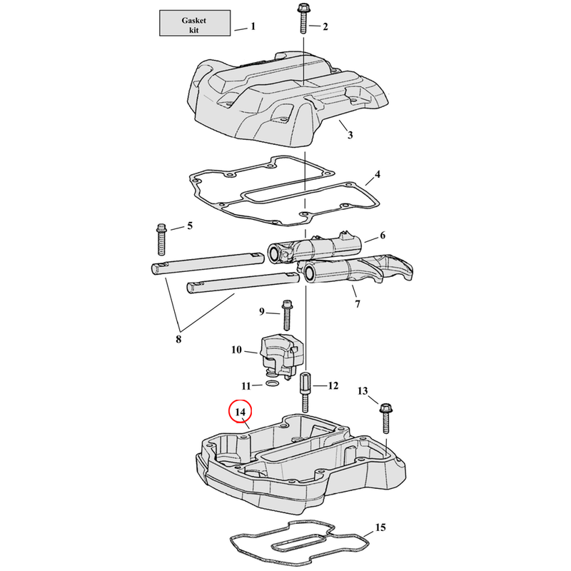 Rocker Box Parts Diagram Exploded View for Harley Milwaukee Eight 14) 17-23 M8. Rocker cover, lower. Chrome.