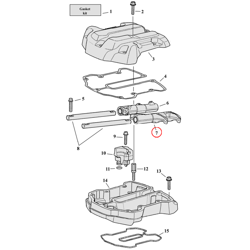 Rocker Box Parts Diagram Exploded View for Harley Milwaukee Eight 7) 17-23 M8. Rocker arm, rear intake / front exhaust.