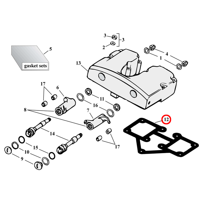 Rocker Box Parts Diagram Exploded View for Harley Shovelhead 12) 66-84 Shovelhead. James .020" paper gasket, rocker cover. Replaces OEM: 17540-69A.