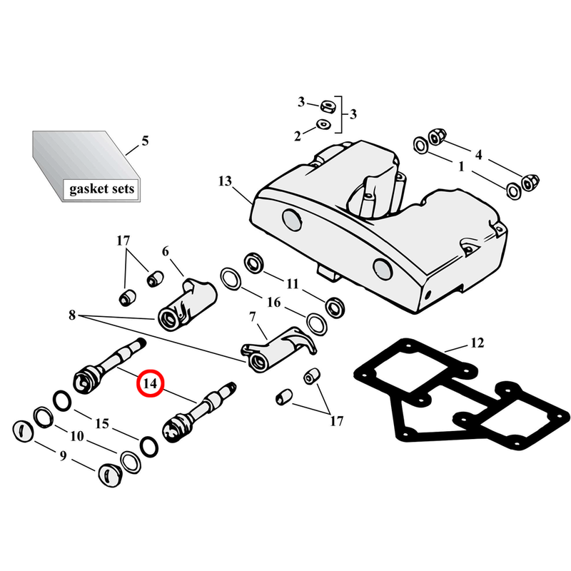 Rocker Box Parts Diagram Exploded View for Harley Shovelhead 14) 66-84 Shovelhead. Rocker arm shaft. Replaces OEM: 17611-66B