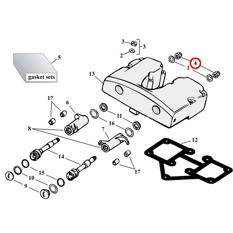 Rocker Box Parts Diagram Exploded View for Harley Shovelhead 4) 66-84 Shovelhead. Rocker shaft nut kit. Cap style, chrome.