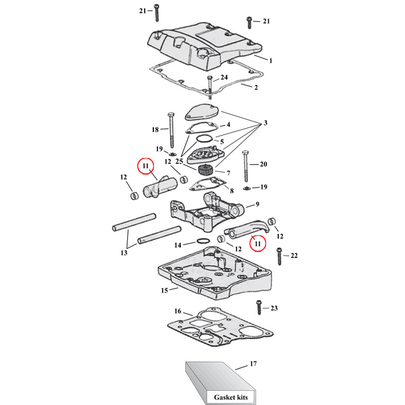 Rocker Box Parts Diagram Exploded View for Harley Twin Cam 11) 99-17 TCA/B. Front intake / rear exhaust rocker arm. Replaces OEM: 17360-83