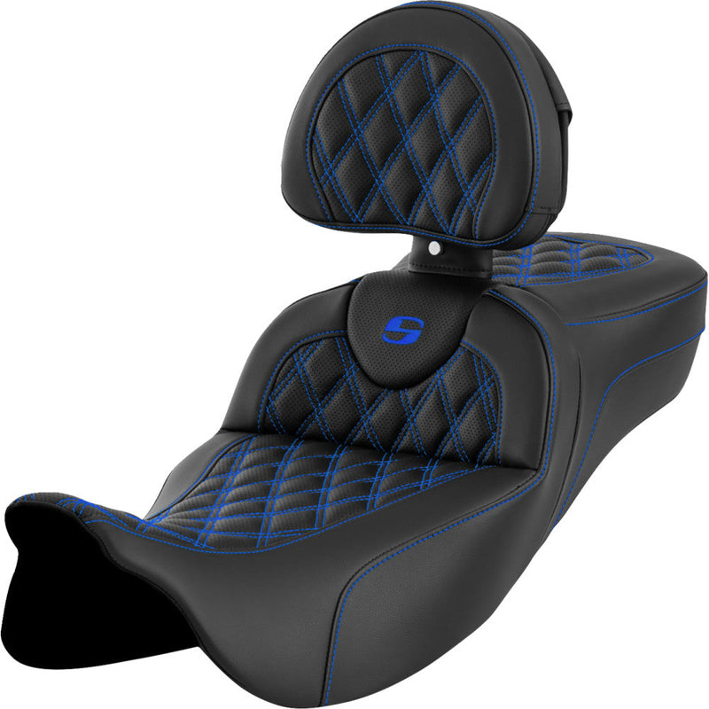 Saddlemen Roadsofa Extended Reach Lattice Stitch Seat for Harley 08-25 Touring (excl. 23-25 CVO; 24-25 Road Glide / Street Glide) / Black / Blue / Without heating / With backrest  - Customhoj